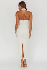 She Is Button Front Halter Midi Dress Tweed White