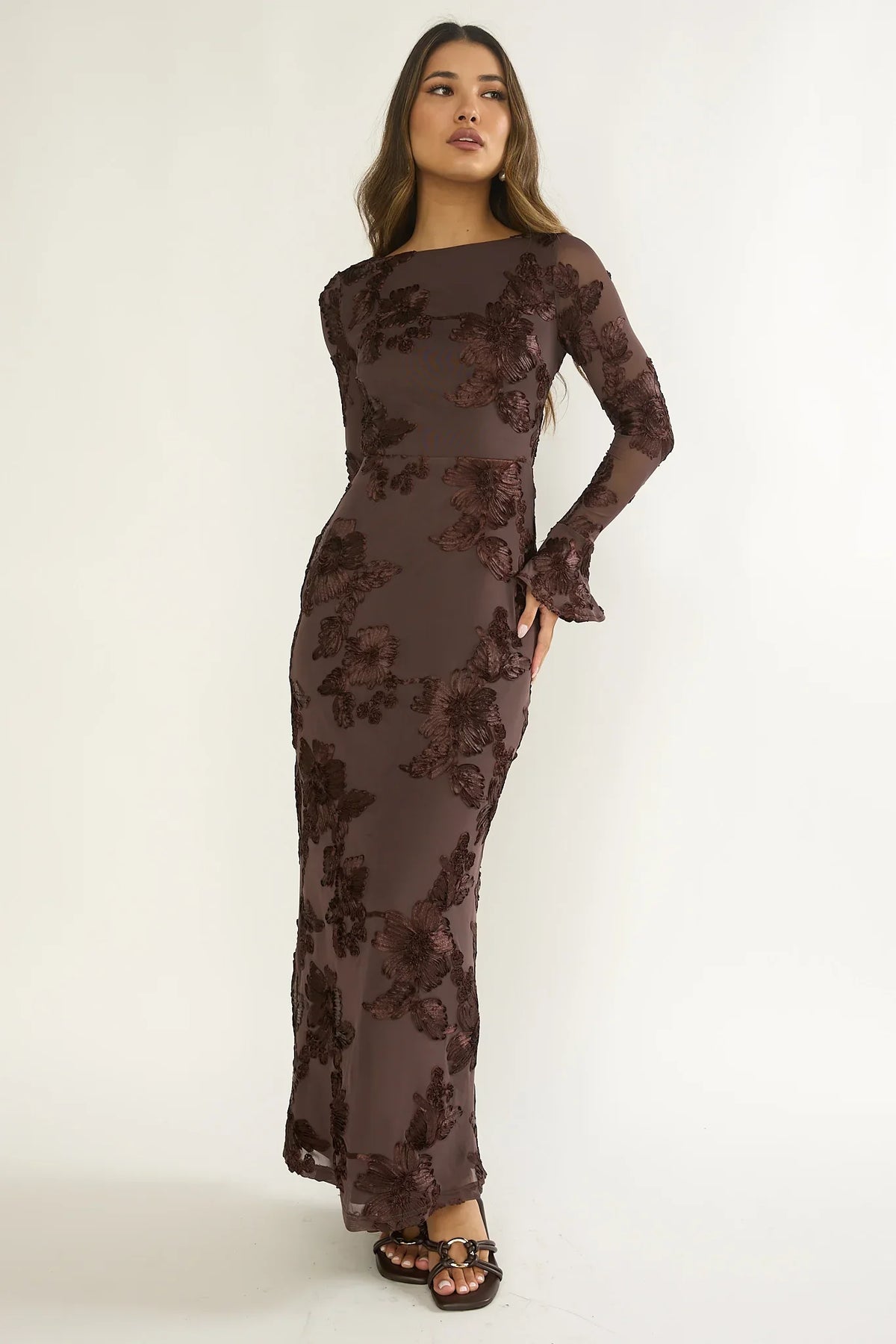 Helsi Long Sleeve Embellished Maxi Dress Brown