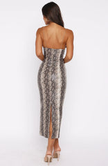 She's A Queen PU Midi Dress Tan Snake