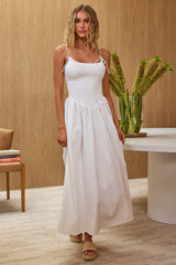 Enchanted Leaf Shirred Bodice Maxi Dress White
