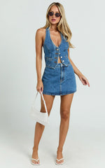 Walton Skort - Mid Waisted Recycled Denim Skort in Dark Blue Wash