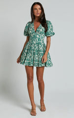 Nelli Mini Dress - Short Puff Sleeve Shirred Back Dress in Green Silhouette
