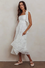 Jeanie Bow Shoulder Midi Dress Embossed White