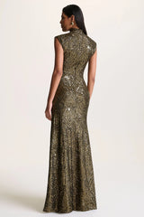 Cecy | Khaki Sequin High-Neck Maxi Dress With Cap Sleeves