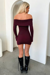 Aaliyah Off Shoulder Knit Mini Dress - Burgundy