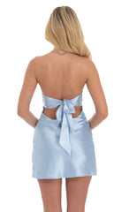 Satin Strapless Twist Cutout Dress in Light Blue