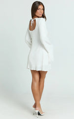 Rowella Mini Dress - Faux Feather Bell Sleeve Dress in White