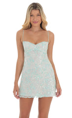 Sequin Embroidered Babydoll Dress in Seafoam