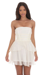 Shimmer Petal Ruffle Strapless Dress in Ivory