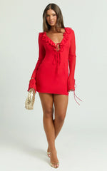 Alesya Mini Dress Ruffle Plunge Neck Long Sleeve Tie Detail Dress in Red