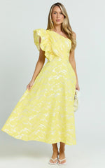 Alfreda Midi Dress One Shoulder Ruffle Detail Brailey Jacquard Dress in Yellow