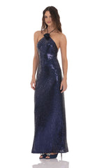 Sequin Florette Halter Maxi Dress in Navy