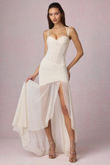 Ruched Asymmetric Corset Gown in Ivory