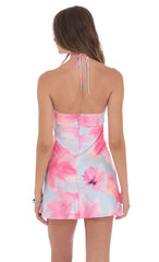 Floral Satin Halter Dress in Pink and Blue