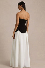 Wendy | Black And White Maxi Dress With Drop-Waist And Pearl Embellishment