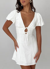Beloved Puff Sleeve Linen Blend Mini Dress White