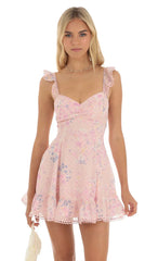 Floral Dotted A-Line Dress in Pink