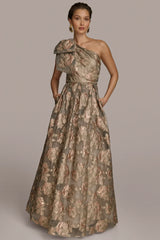 One Shoulder Bow Jacquard Ball Gown