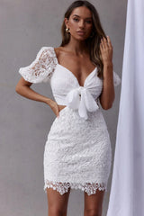 First Love Tied Bust Lace Dress White