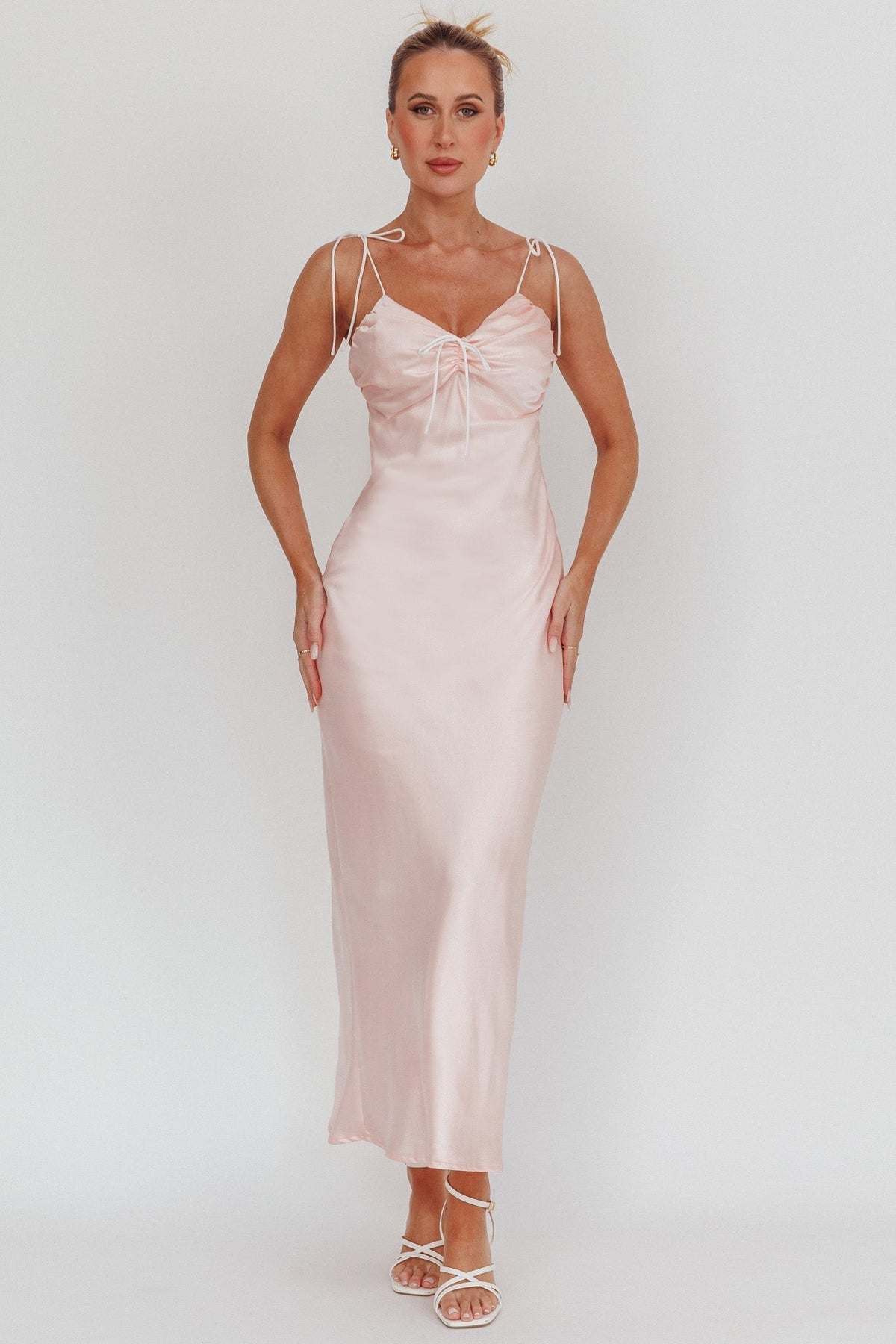 Slow Burn Tied Shoulders Satin Maxi Dress Pink