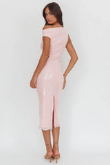 Country Club Asymmetric Neckline Midi Dress Sequin Blush