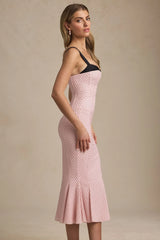 Layered Bra-Detail Fishtail Midaxi Dress in Pink Polka Dot