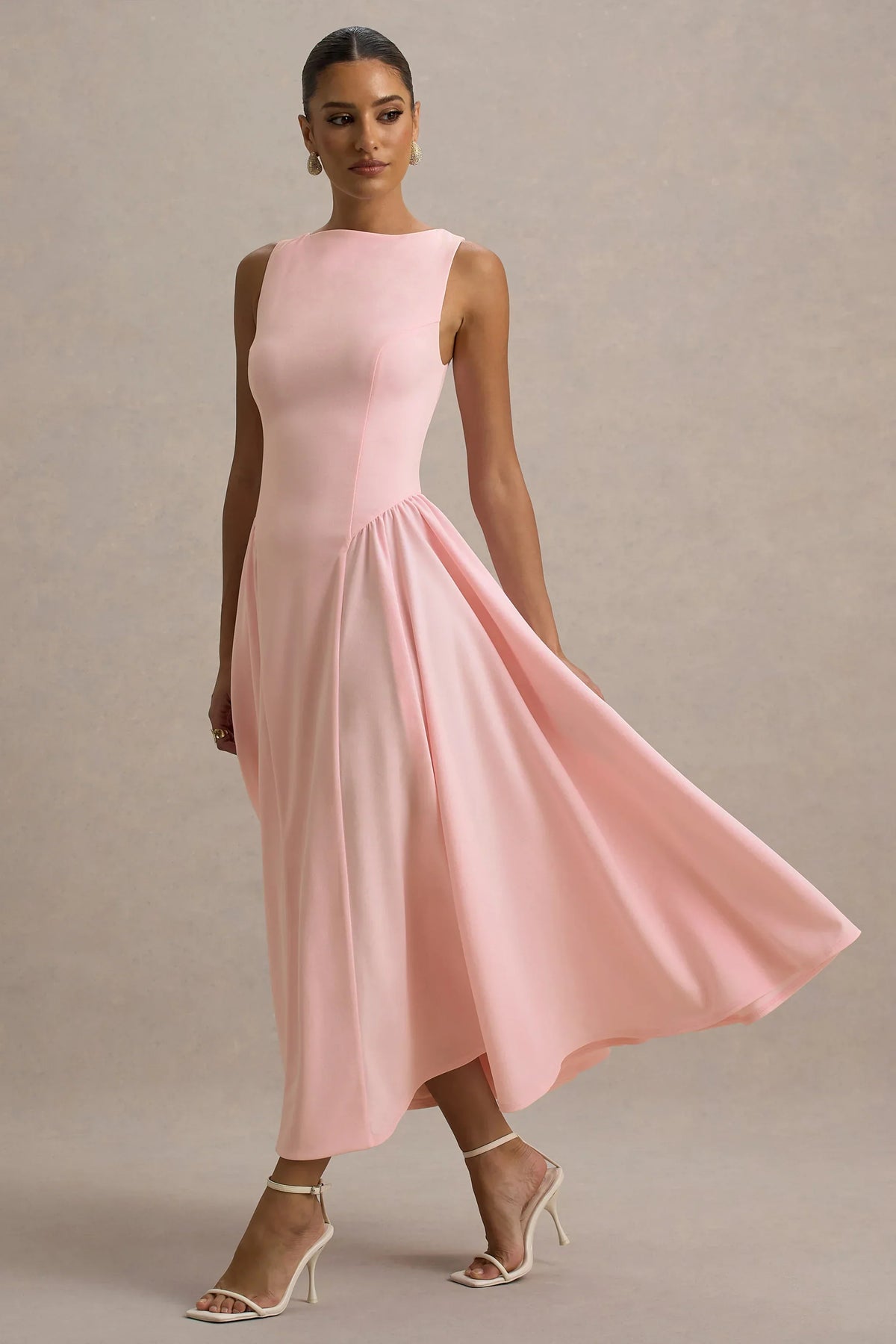 Muriel | Pink Boat-Neck Volume-Hem Midi Dress