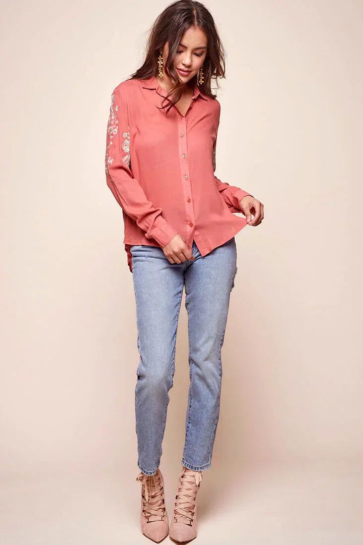 Issa Floral Sleeved Button Up Top Rust