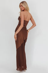 Moon Aura Pleat Detail Strapless Maxi Dress Chocolate
