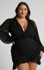 Can I Be Your Honey Mini Dress Plunge Balloon Sleeve Dress in Black