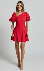 Harlow Mini Dress - Asymmetric Puff Sleeve Flare Dress in Red