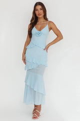 Marlie Frill Trim Rosette Maxi Dress Blue