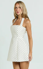 Dante Mini Dress - Halter Neck Tie Tulip Skirt Dress in White Polkadot