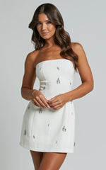 Anziel Mini Dress - Strapless Structured Cluster Embellishment Dress in White