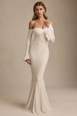 Off-Shoulder Ruffle Lace Maxi Dress in Ivory