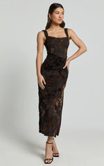 Karlene Midi Dress - Ruched Corset Burnout Dress in Black and Brown