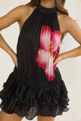 Naelle Accordion Pleat Ruffle Mini Dress Hibiscus Black