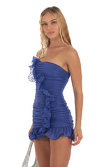 Shimmer Ruched Ruffle One Shoulder Dress in Blue