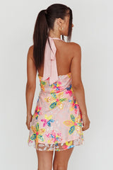Champagne Showers Halterneck Slip Mini Dress Sequin Floral Pink