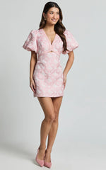 Diana Mini Dress Jacquard Short Sleeve Cut Out Dress in Light Pink