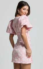 Diana Mini Dress Jacquard Short Sleeve Cut Out Dress in Light Pink