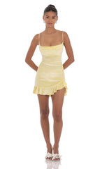 Velvet Ruffled Slit Dress in Yellow