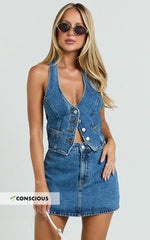 Walton Skort - Mid Waisted Recycled Denim Skort in Dark Blue Wash