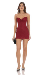 Shimmer Ruched Bust Dress in Maroon