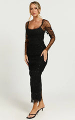 Evelyn Midi Dress Long Sleeve Shirred Tulle Dress in Black Polka