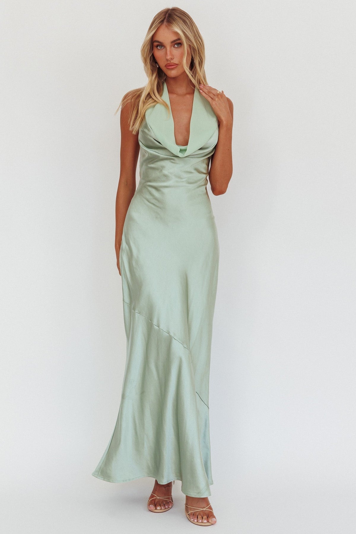 Leading Lady Open Back Cowl Maxi Dress Sage