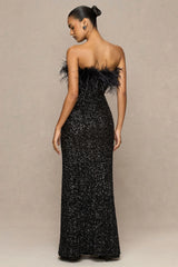 Daze | Black Sequin Bandeau Maxi Dress With Feather-Trim