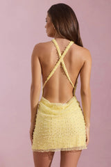 Embellished Cowl-Neck Backless Mini Dress in Yellow