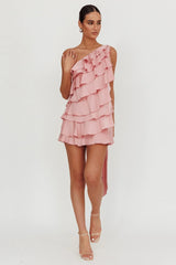 Arrabel Tiered Ruffle One Shoulder Mini Dress Pink