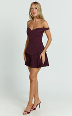 Izara Mini Dress Off Shoulder Pleated Dress in Wine